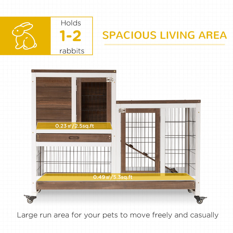 Brown Wooden Rabbit Hutch with Wheels & Pull-Out Trays