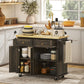 Kitchen Island with Storage, Rolling Trolley Cart with Rubber Wood Top, Spice Rack, Towel Rack, Brown Oak