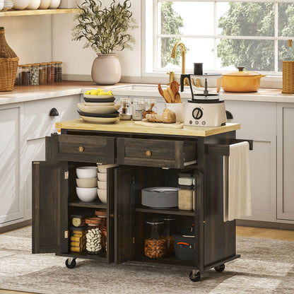 Rolling Kitchen Island with Rubber Wood Top - Brown Oak