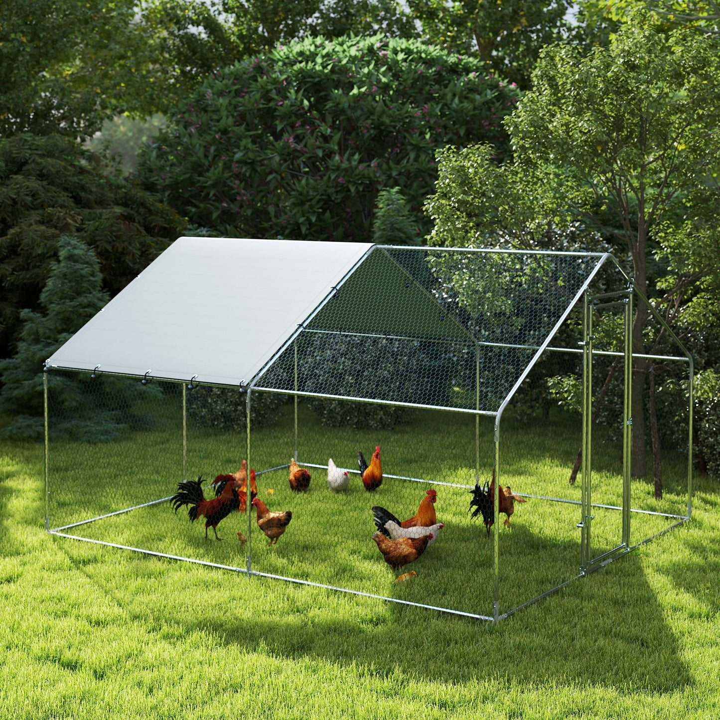Metal Chicken Coop, 9.8 x 11.2 FT Walk-in Chicken Run with Cover, Lockable Door, Outdoor Poultry Cage for 10-15 Chickens
