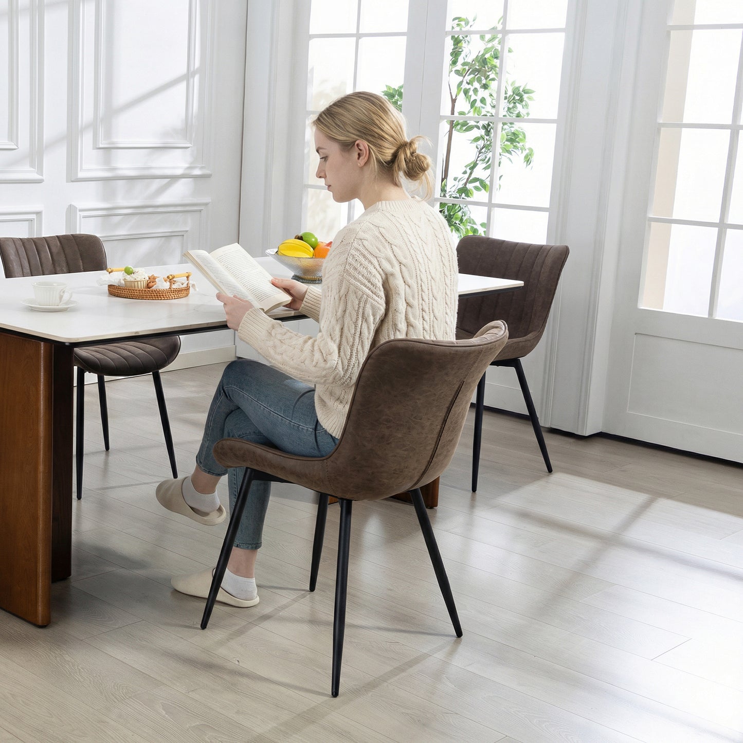 Dining Chairs Set of 4, PU Leather Upholstered Kitchen Chairs with Backrest and Steel Legs for Dining Room, Brown