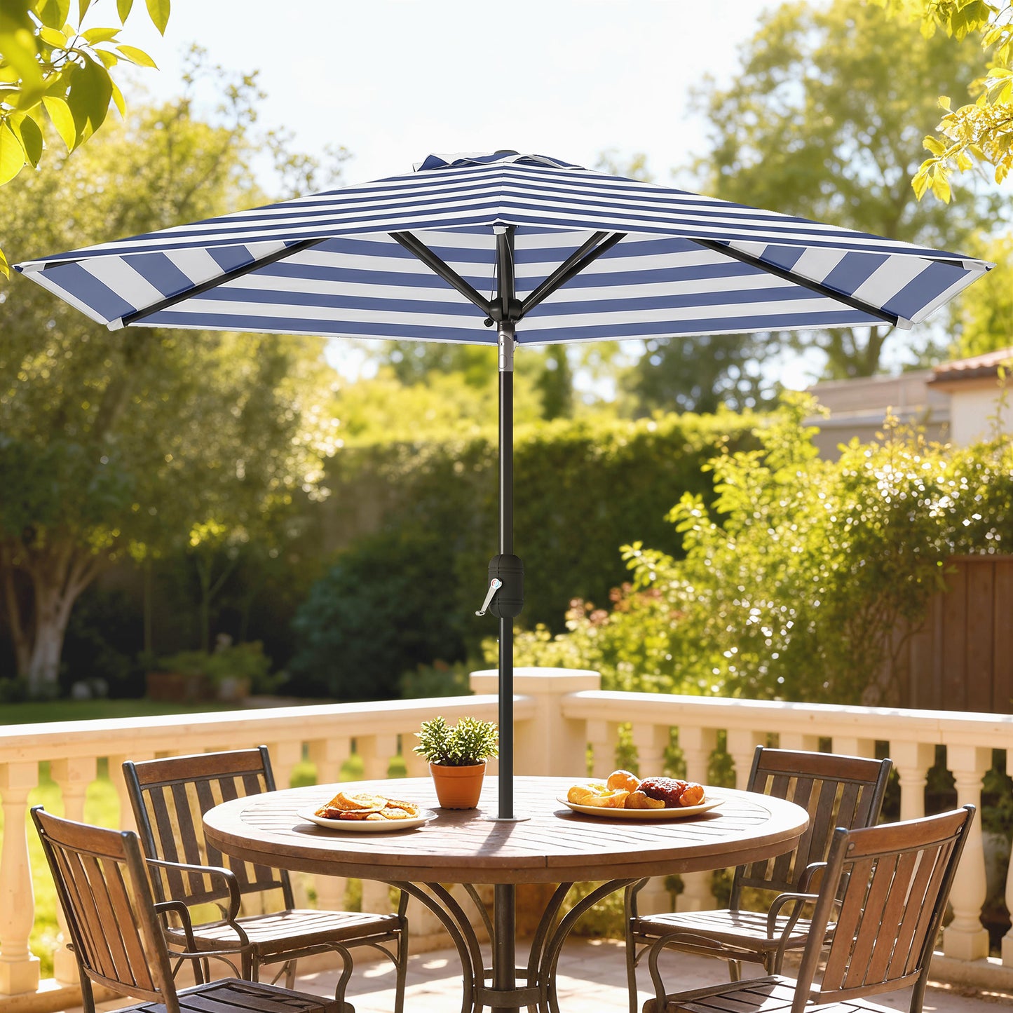 Patio Sun Umbrella, Outdoor Parasol with 6 Ribs, Blue Stripes