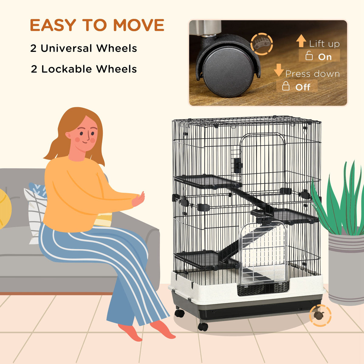45"H Black 4-Level Guinea Pig Cage with Wheels & Ramp