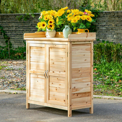Compact Wood Potting Shed Cabinet with Shelf and Double Doors