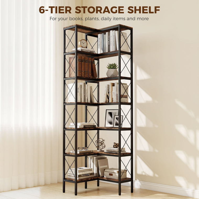 6-Tier L-Shaped Corner Bookcase with Metal Frame - Rustic Brown
