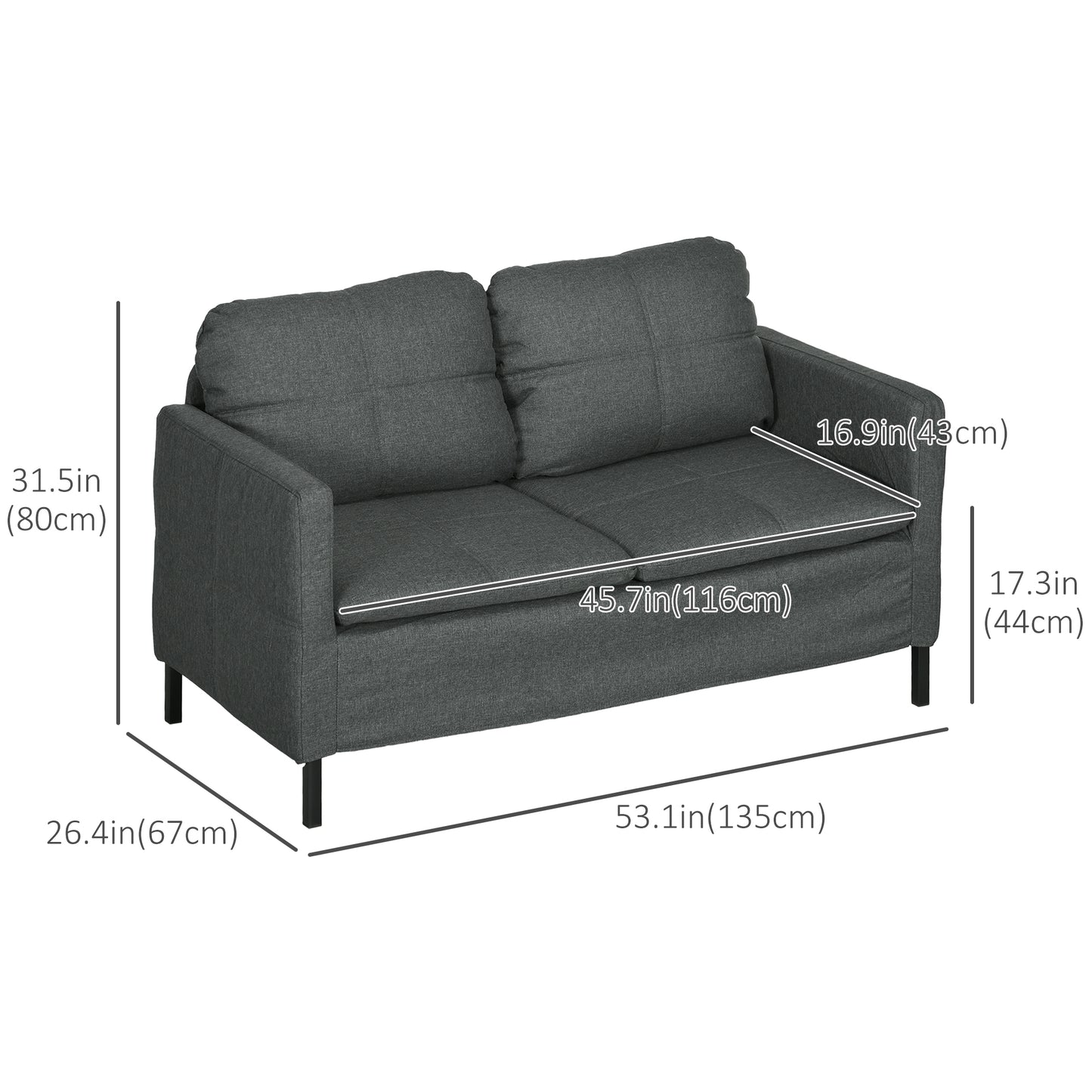 53" 2 Seat Sofa, Upholstered Two Seater Couch with Sturdy Steel Legs for Bedroom, Living Room, Dark Grey