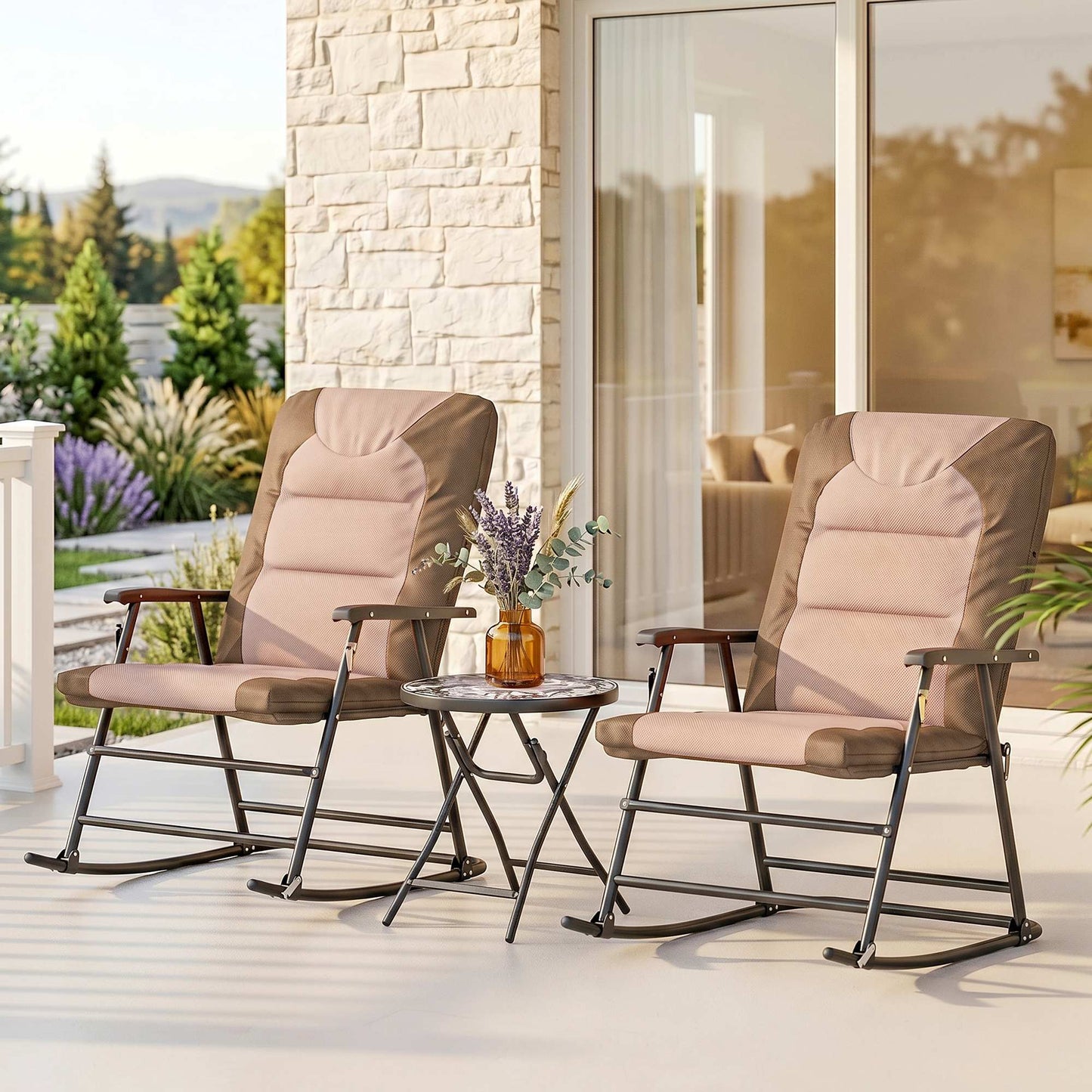 3-Piece Outdoor Foldable Rocking Chair Set, Orange
