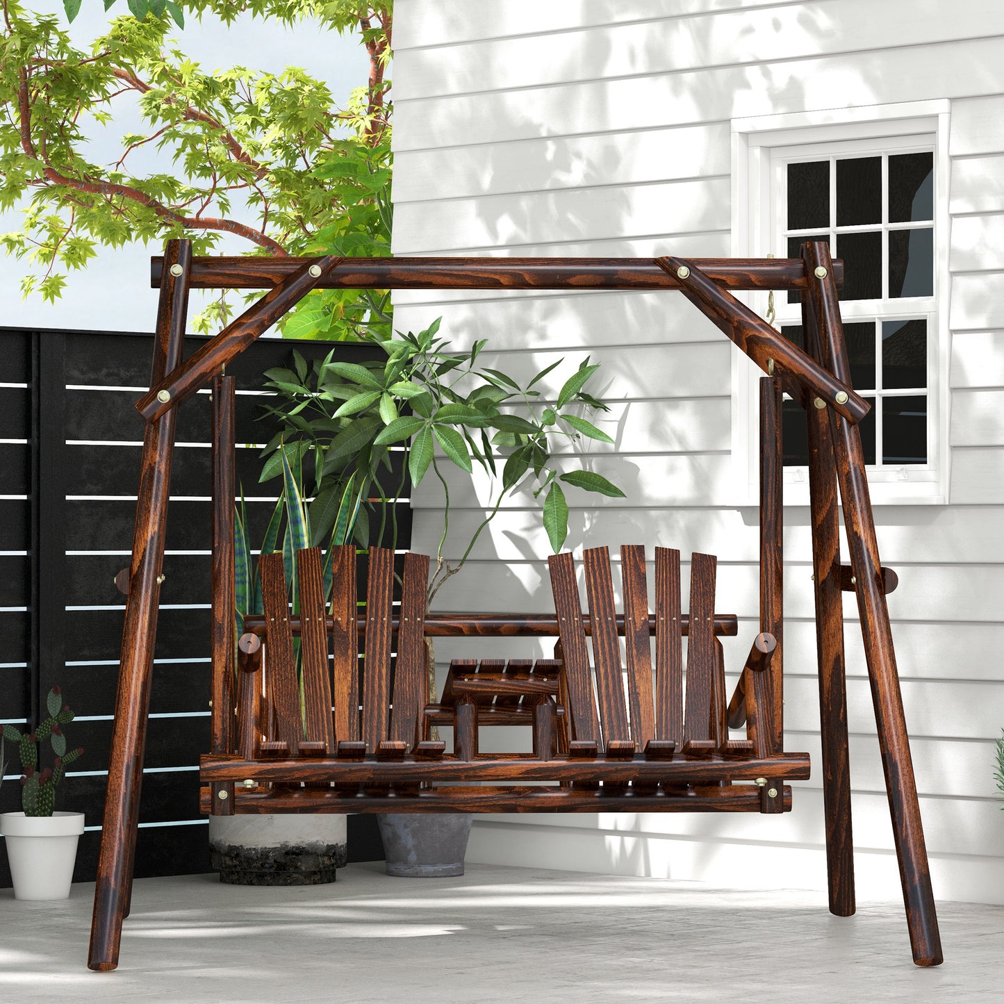 Wooden 2-Seat A-Frame Porch Swing Rustic Patio Bench Outdoor Furniture w/ Table