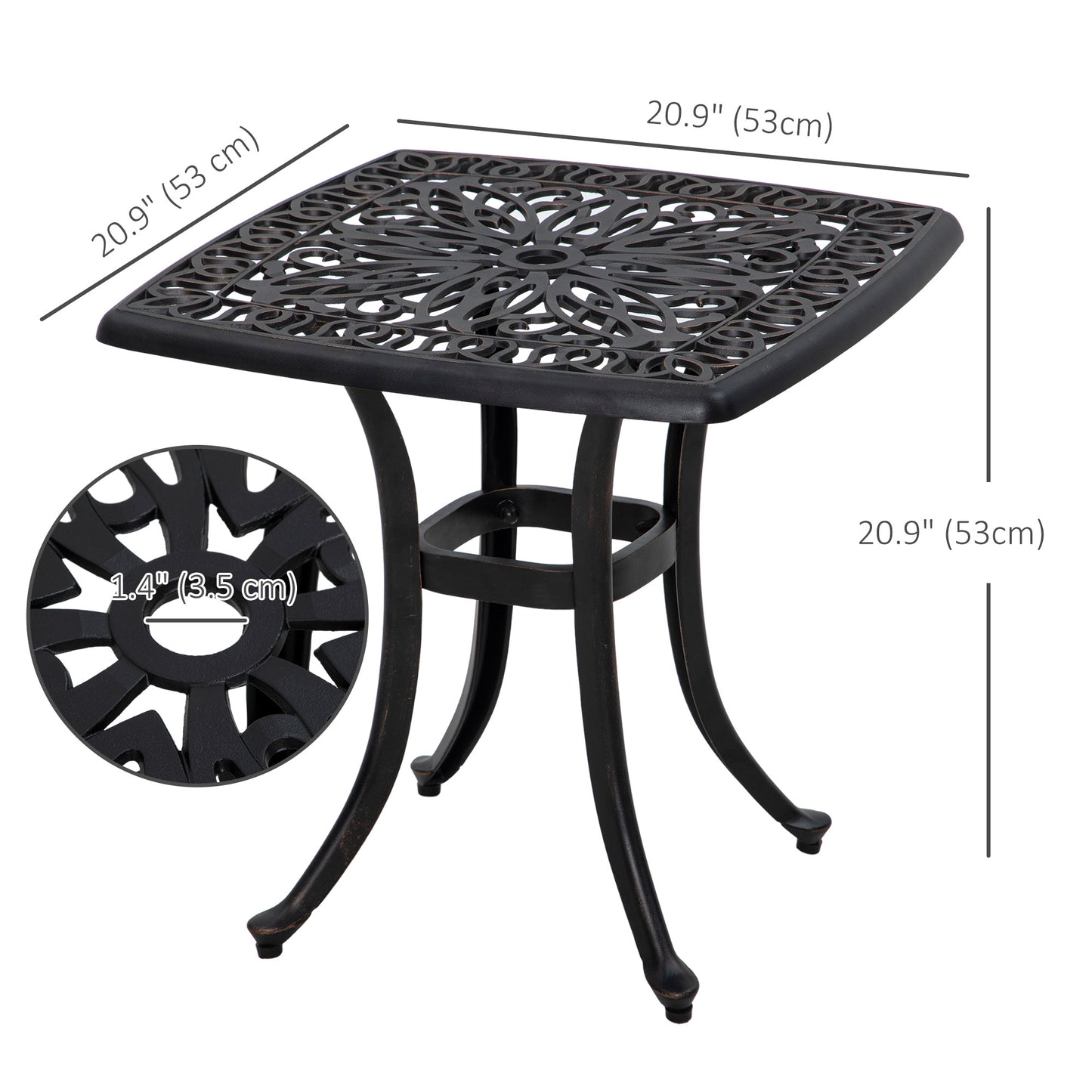 21" Square Outdoor End Table, Cast Aluminum Patio Side Table with Umbrella Hole for Garden, Balcony, Poolside, Black