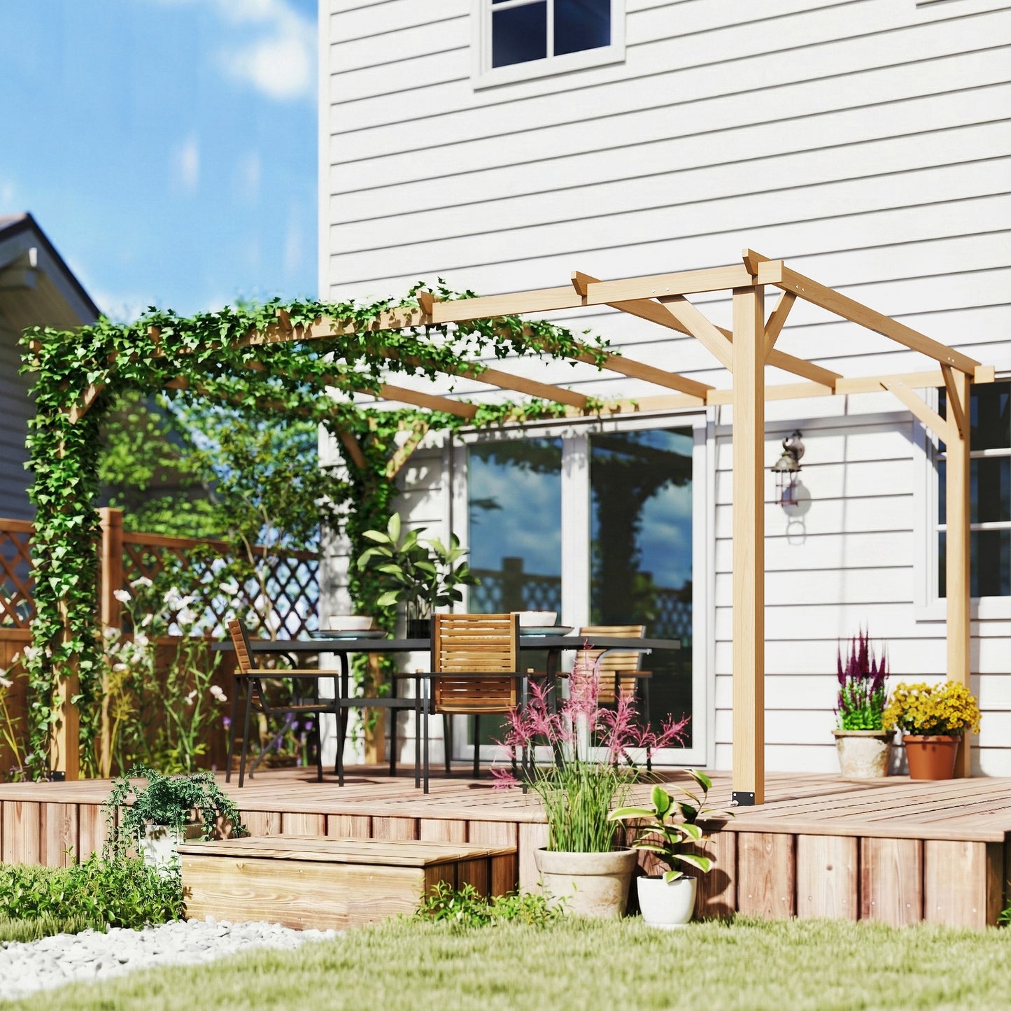 10' x 13' Wooden Pergola, Outdoor Pergola Gazebo Grape Trellis with Triangle Supports, Concrete Anchors, Nature Wood