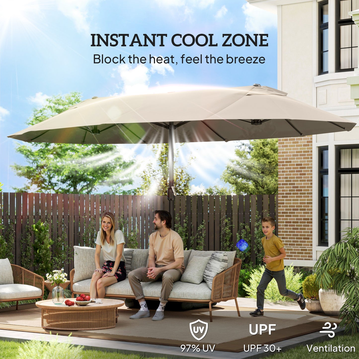 15' Outdoor Patio Umbrella with Twin Canopy Sunshade Steel Table Umbrella w/ Lift Crank, Cross Base, Sandbag, Khaki