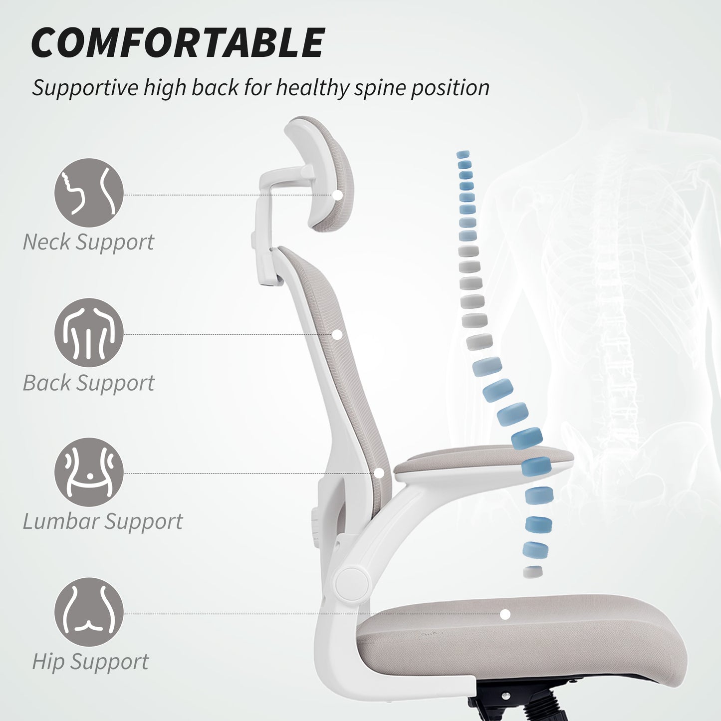 Ergonomic Office Chair, Mesh Desk Chair with Adjustable Headrest, Lumbar Support and Height, Flip-Up Armrests, Grey