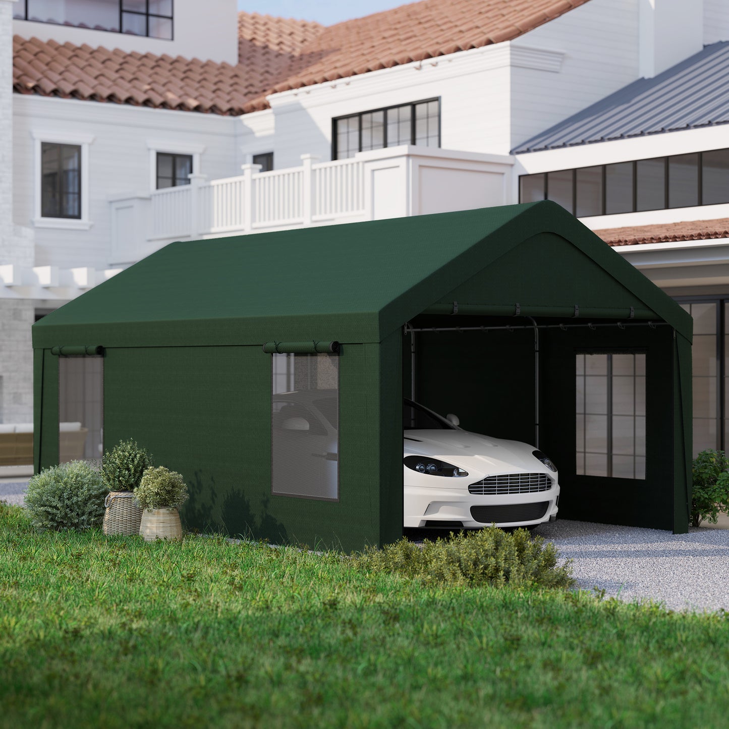 12 x 20ft Carport with 2 Roll-Up Doors, 4 Windows, Portable Garage with Removable Sidewalls for Car, Truck, Dark Green