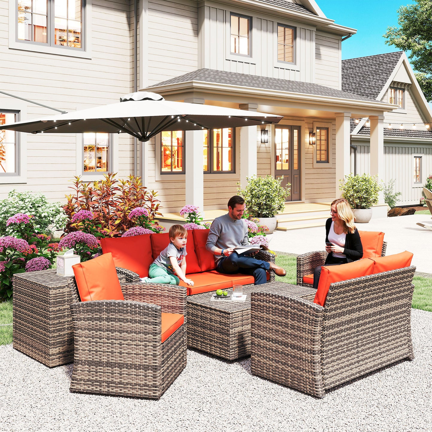6 Pieces Wicker Patio Furniture Set with Cushions, 7-Seater Rattan Patio Sofa Set with Storage Table, Orange