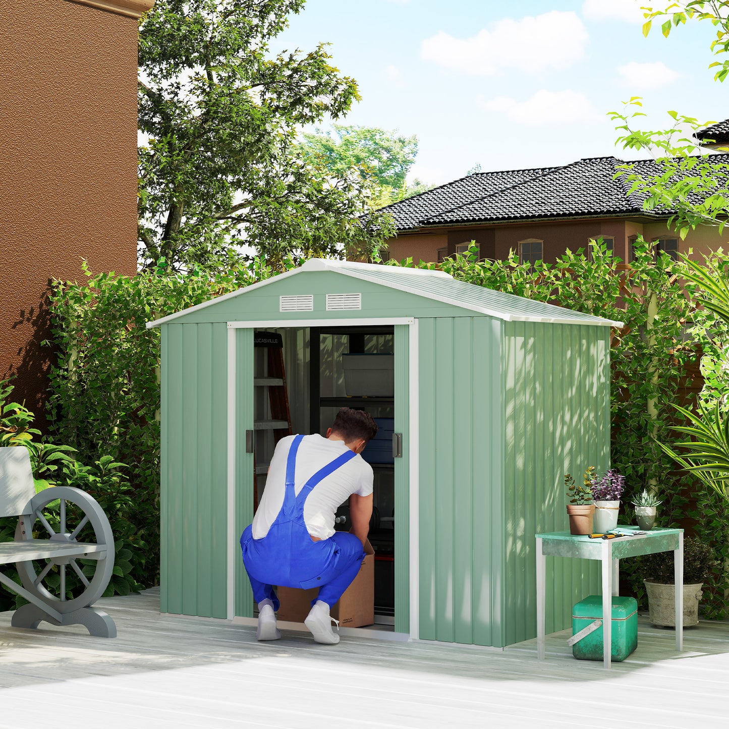 7' x 4' x 6' Garden Storage Shed Outdoor Patio Metal Tool Storage House w/ Foundation Kit and Double Doors Light Green