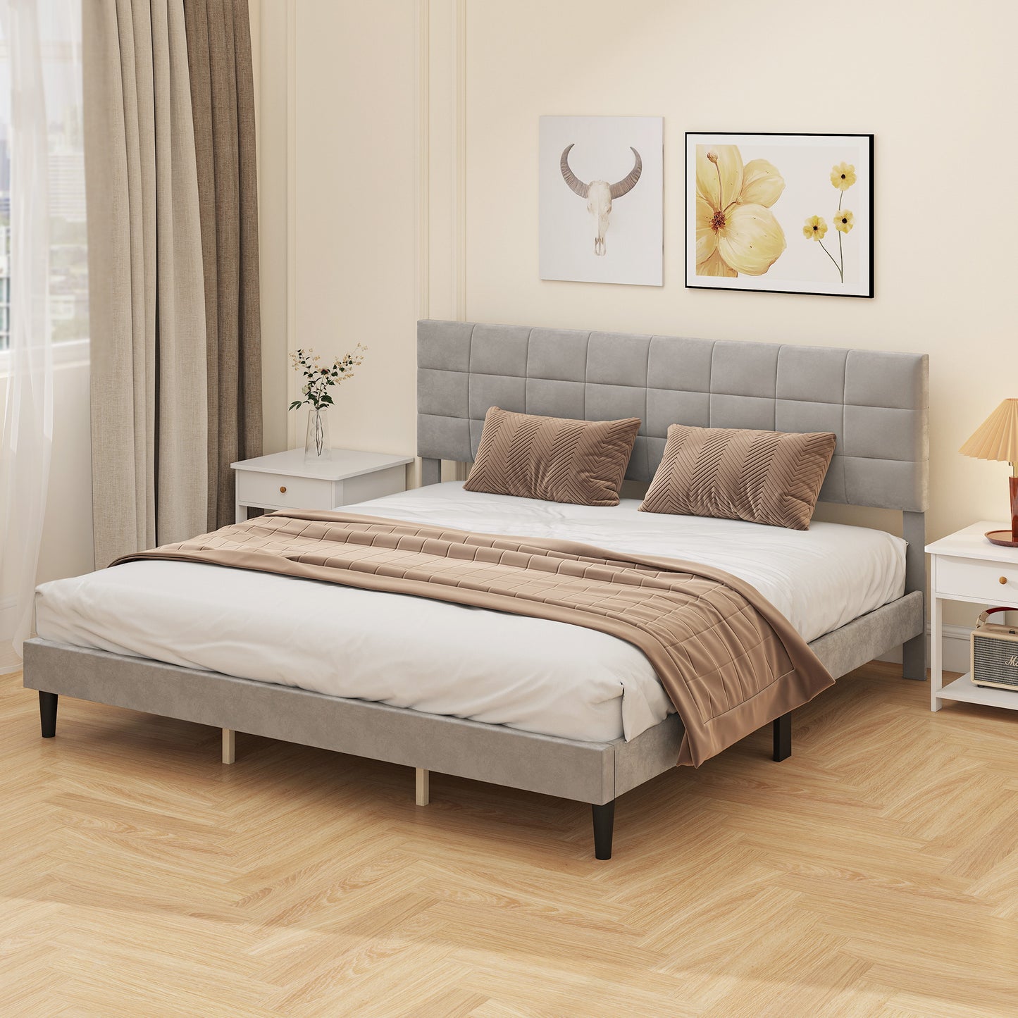 King Size Bed Frame with Upholstered Headboard, Modern Platform Bed Frame with Wood Slats, 1100 lbs Capacity, Grey