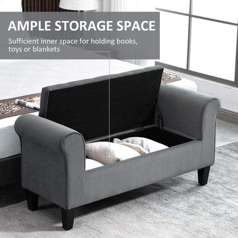 Button-Tufted Storage Bench with Rolled Arms - Grey