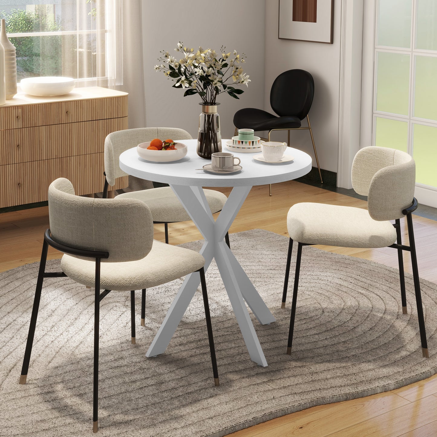 29" Dining Table, Contemporary Round Kitchen Table with Steel Legs, White