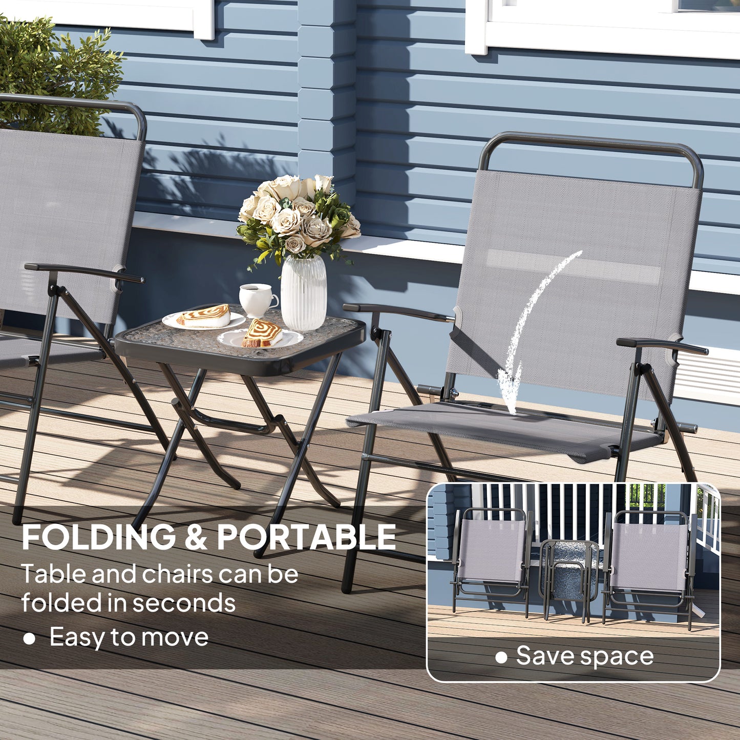 Folding Bistro Set, Small Patio Set with Back Adjustable Chairs and Glass Top Table for Garden, Balcony, Porch, Grey
