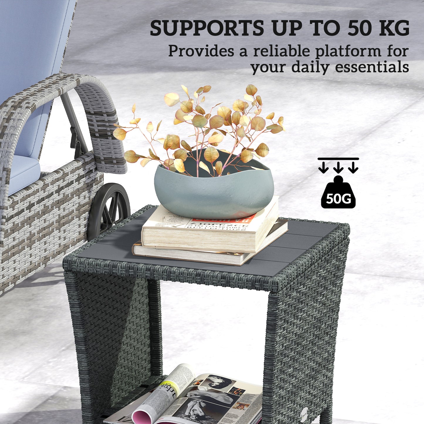 17.7" Wicker Side Table with Storage Shelf, Square PE Rattan Outdoor End Table with PS Wood Slat Top, Grey