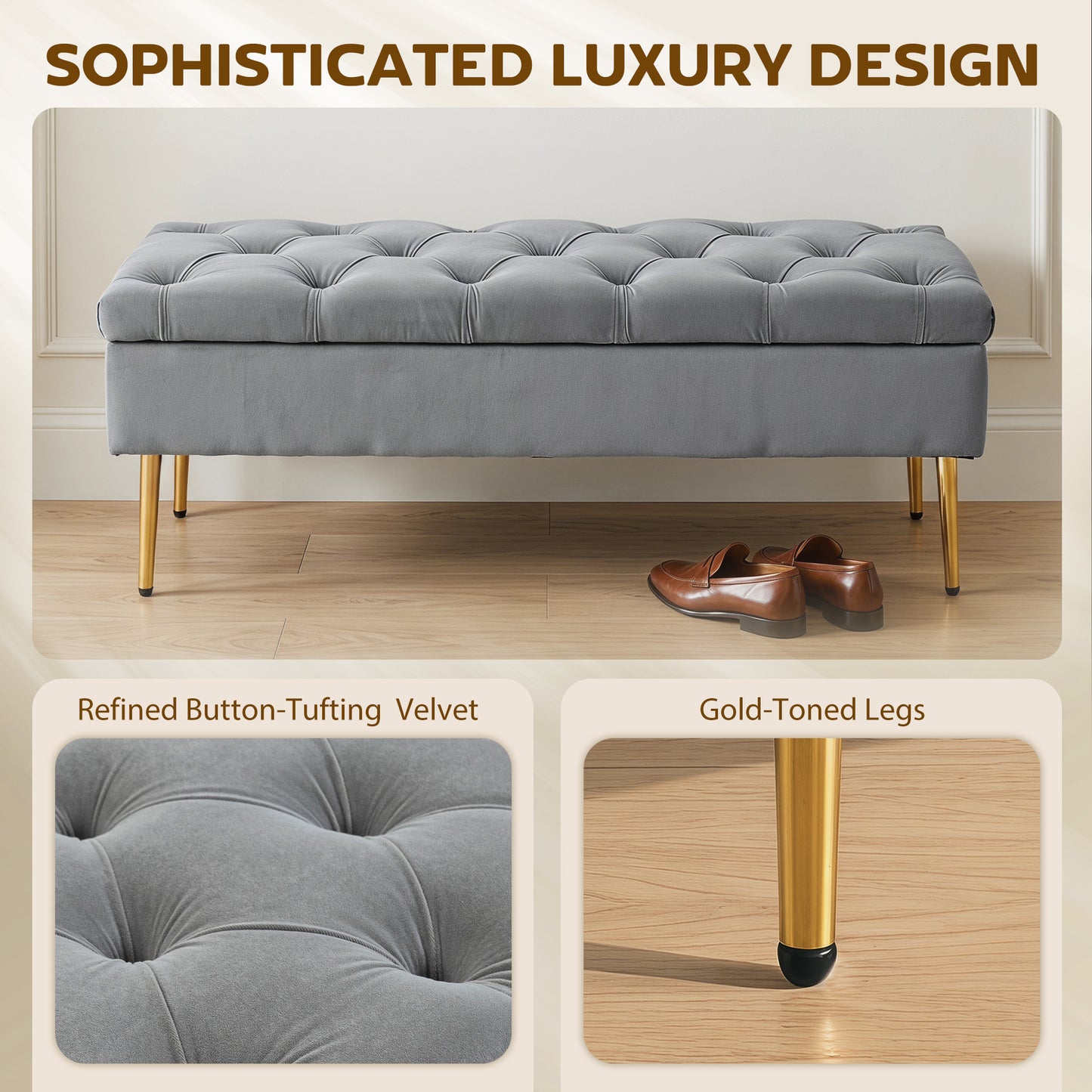 Upholstered Bedroom Bench with Gold Tone Metal Legs, Velvet Tufted and Thick Padding, Grey