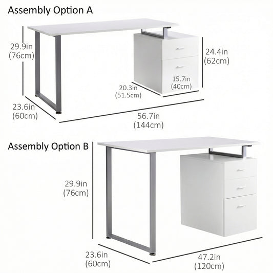 47" Computer Desk with Reversible File Drawers - White