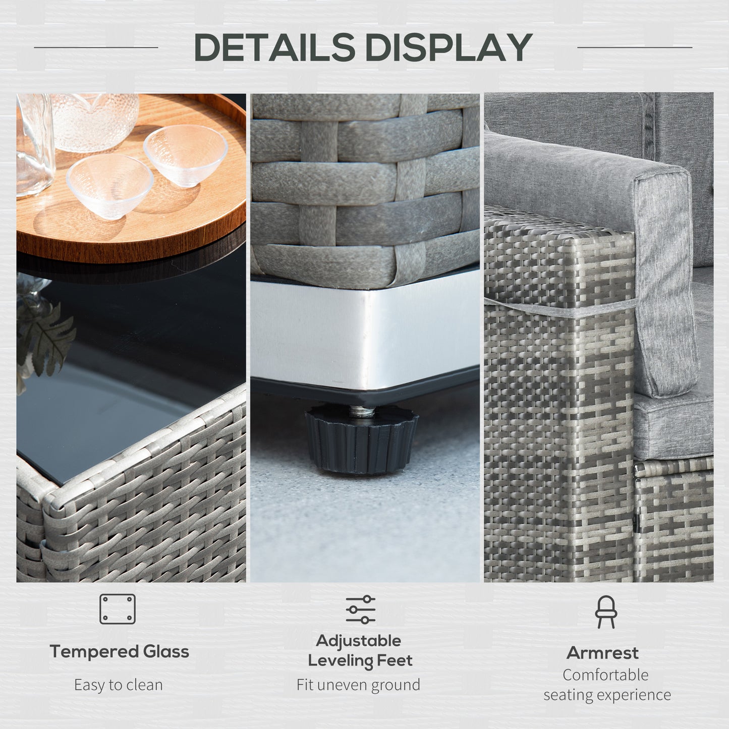 7pc Garden Wicker Sectional Set with Tea Table Patio Rattan Lounge Sofa Outdoor Deck Furniture Light Grey