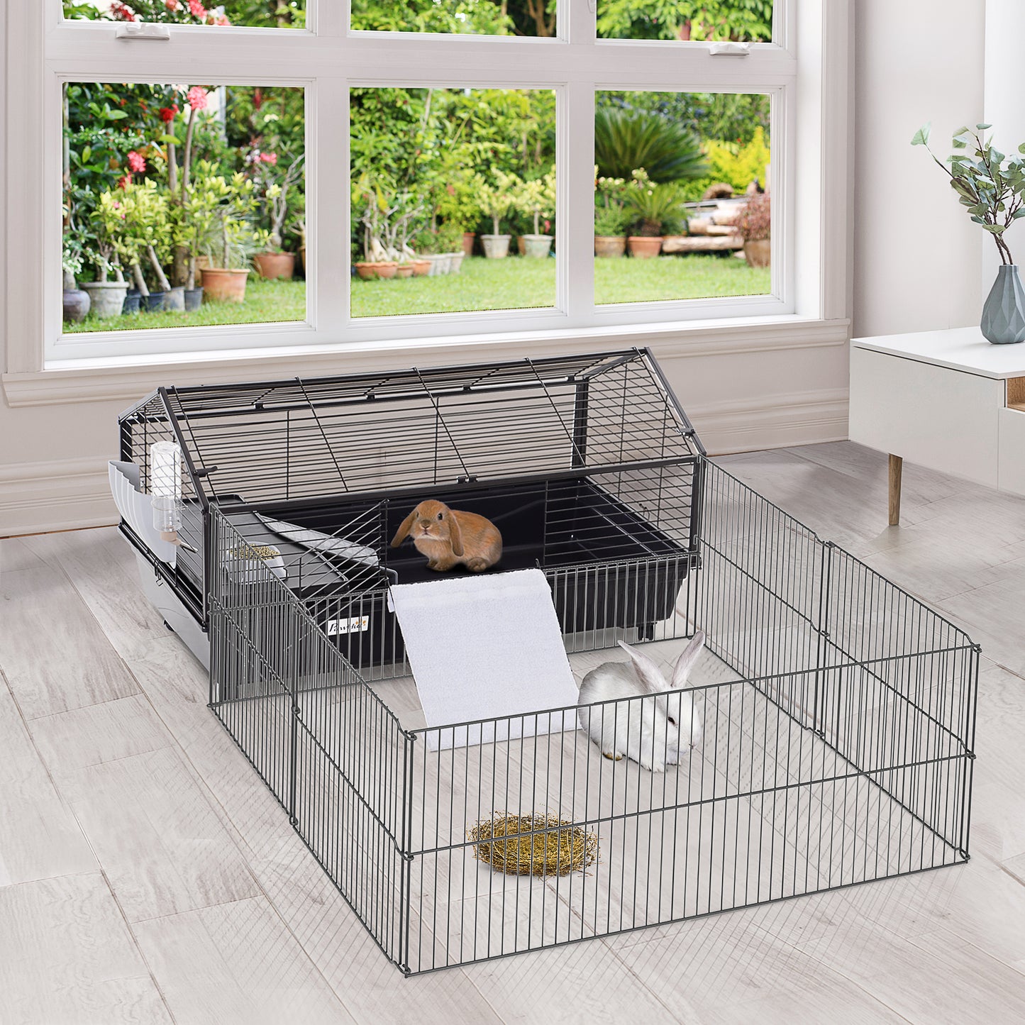 Guinea Pig Cage with Foldable Detachable Playpen, Rolling Rabbit Chinchilla Hedgehog Bunny Cage Small Animal Habitat with Water Bottle, Hay Feeder