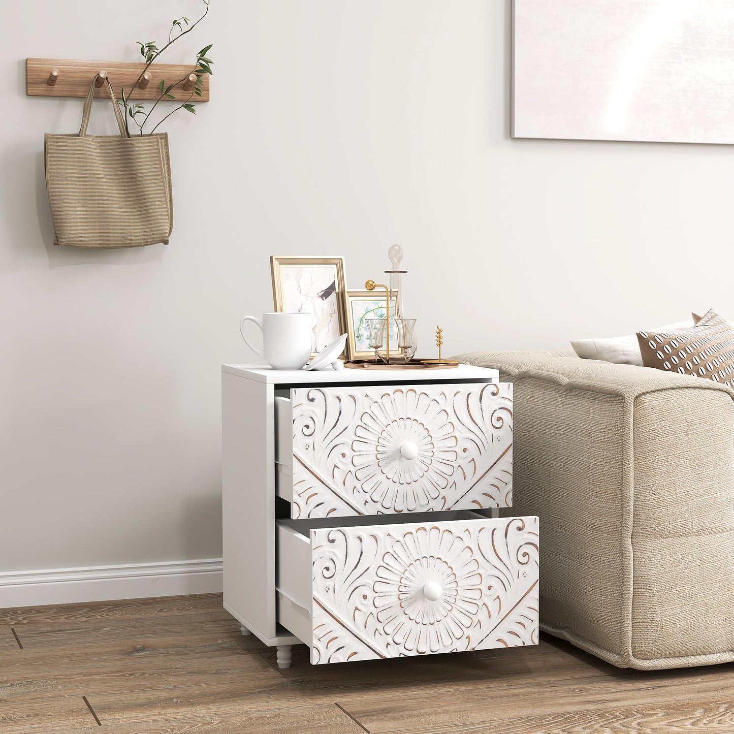 Mid-Century Bedside Table, Nightstand with 2 Drawers, Side End Table for Bedroom, White