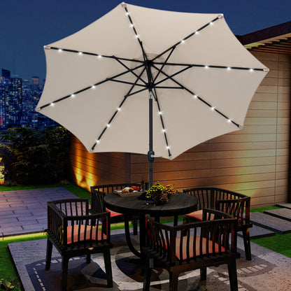 8.8ft Solar Patio Umbrella Outdoor Sunshade 24 LED Lights Tilt Canopy Cream