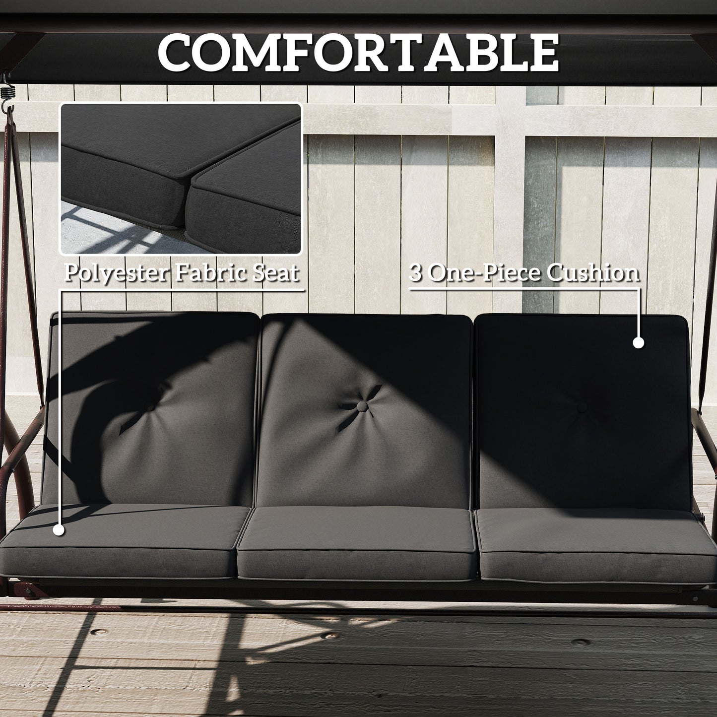 Convertible Patio Swing Bed with Canopy and Cushions, 3 Seater Porch Swing for Outdoor, Backyard, Garden, Black
