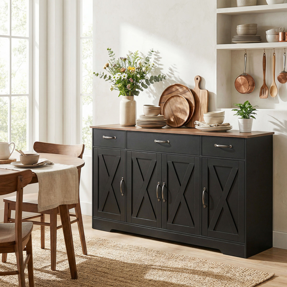 Sideboard Buffet Cabinet, 55" Farmhouse Kitchen Cabinet with 4 Barn Doors, 3 Drawers, 3 Adjustable Shelves, Black
