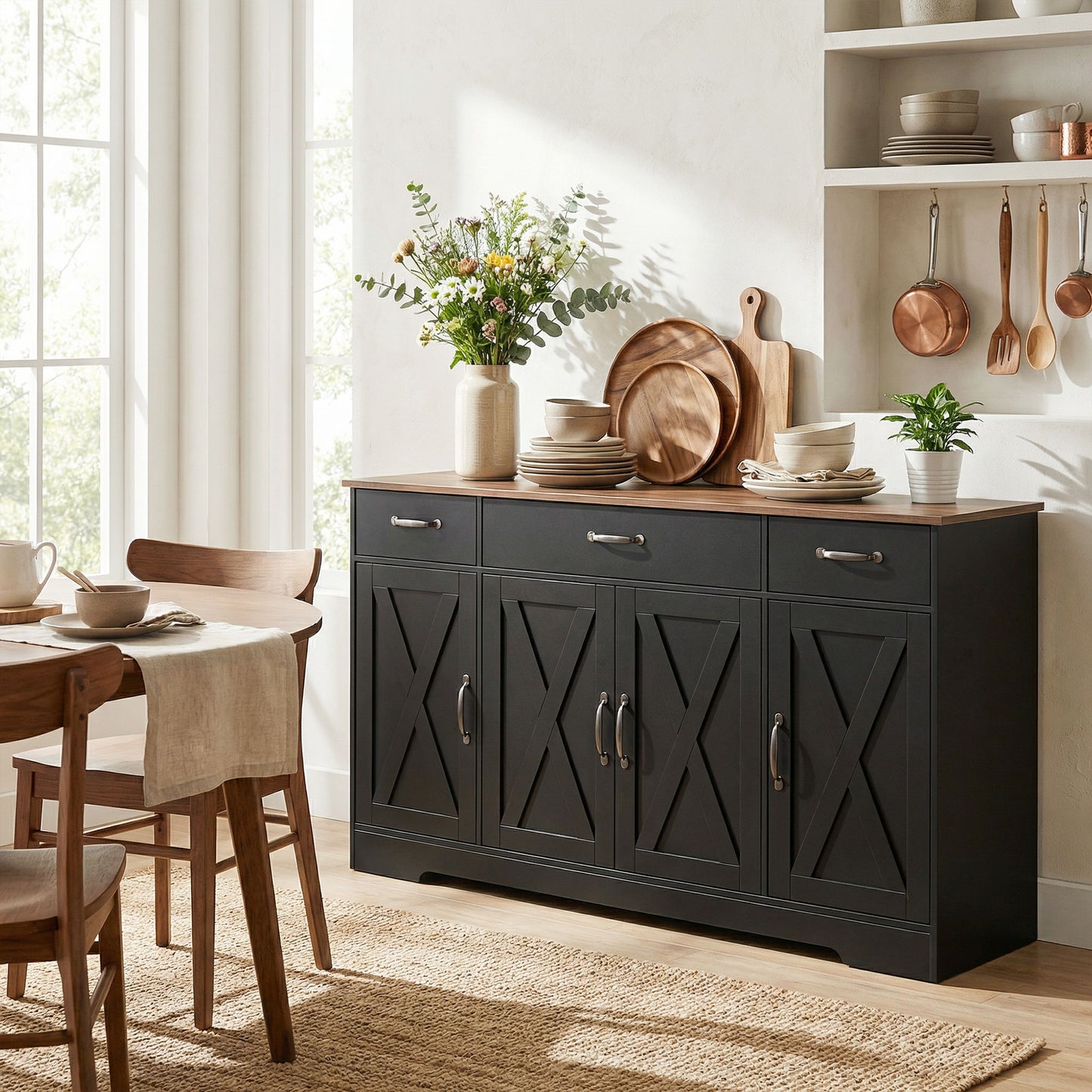 Sideboard Buffet Cabinet, 55" Farmhouse Kitchen Cabinet with 4 Barn Doors, 3 Drawers, 3 Adjustable Shelves, Black