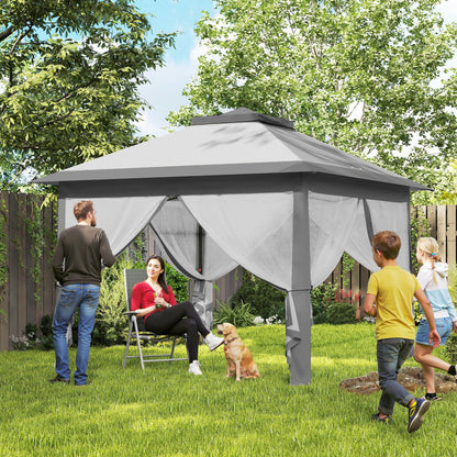 11' x 11' Grey Pop-Up Gazebo with Double Roof & Mesh Sidewalls