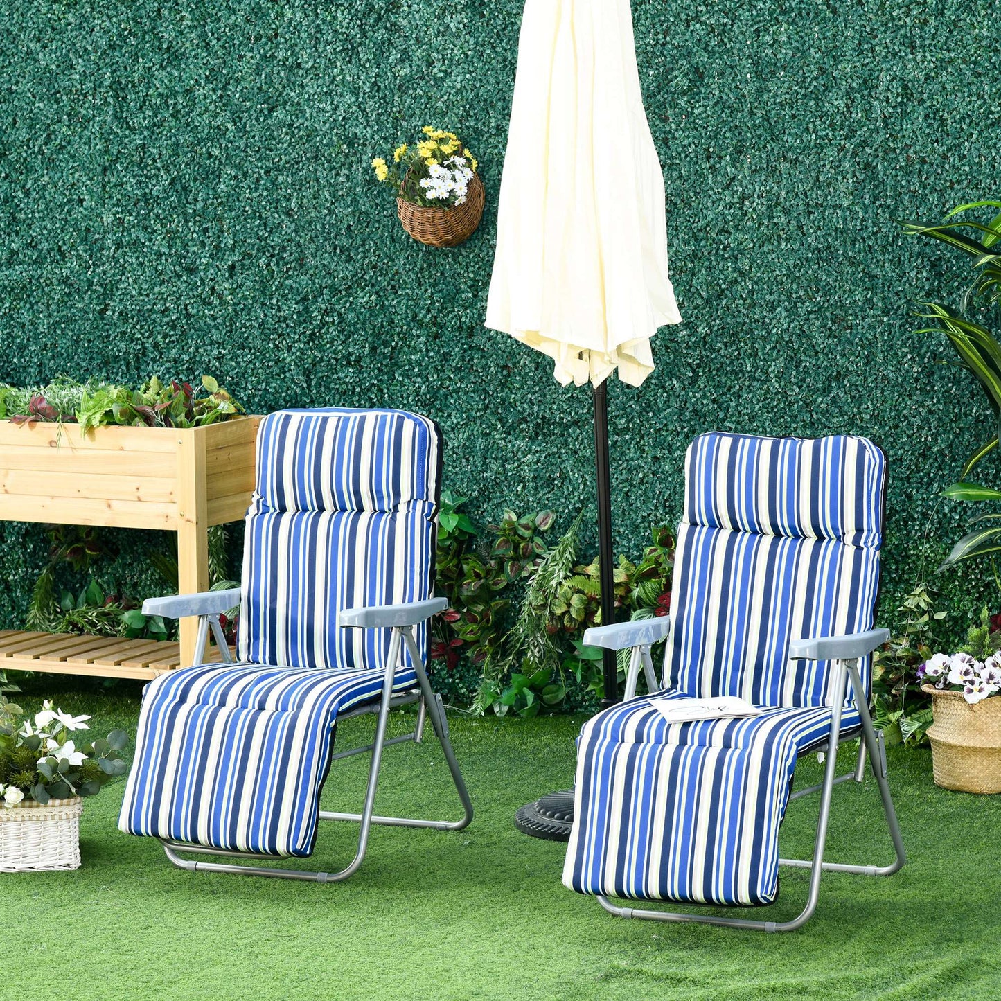 Set of 2 Garden Sun Lounger, Outdoor Reclining Seat Cushioned Seat, Foldable Adjustable Recliner, Grey and Red
