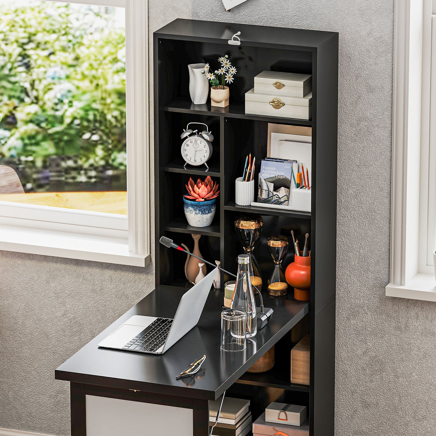 Fold-out Convertible Office Desk, Wall Mount Computer Desk with Whiteboard and Side Shelf, Black