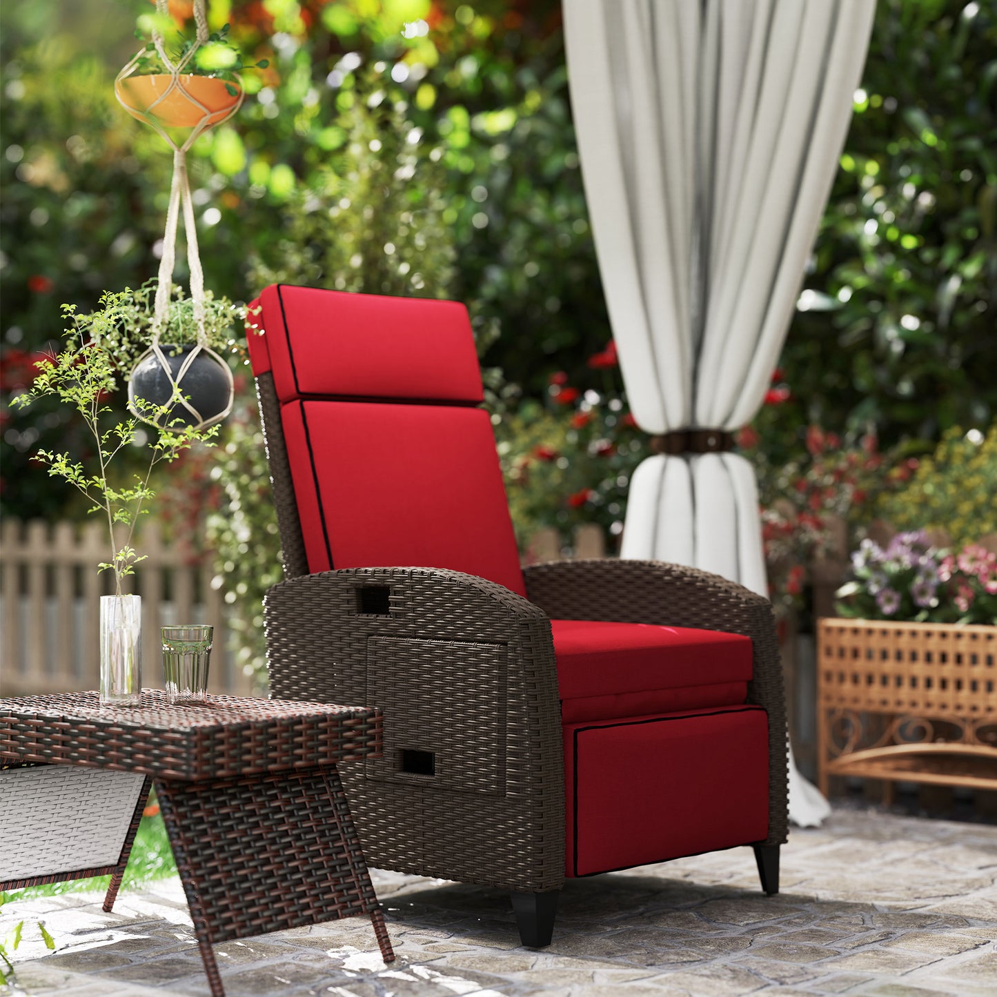 Outdoor Recliner Chair with Adjustable Backrest, Cushion, Side Tray, Black