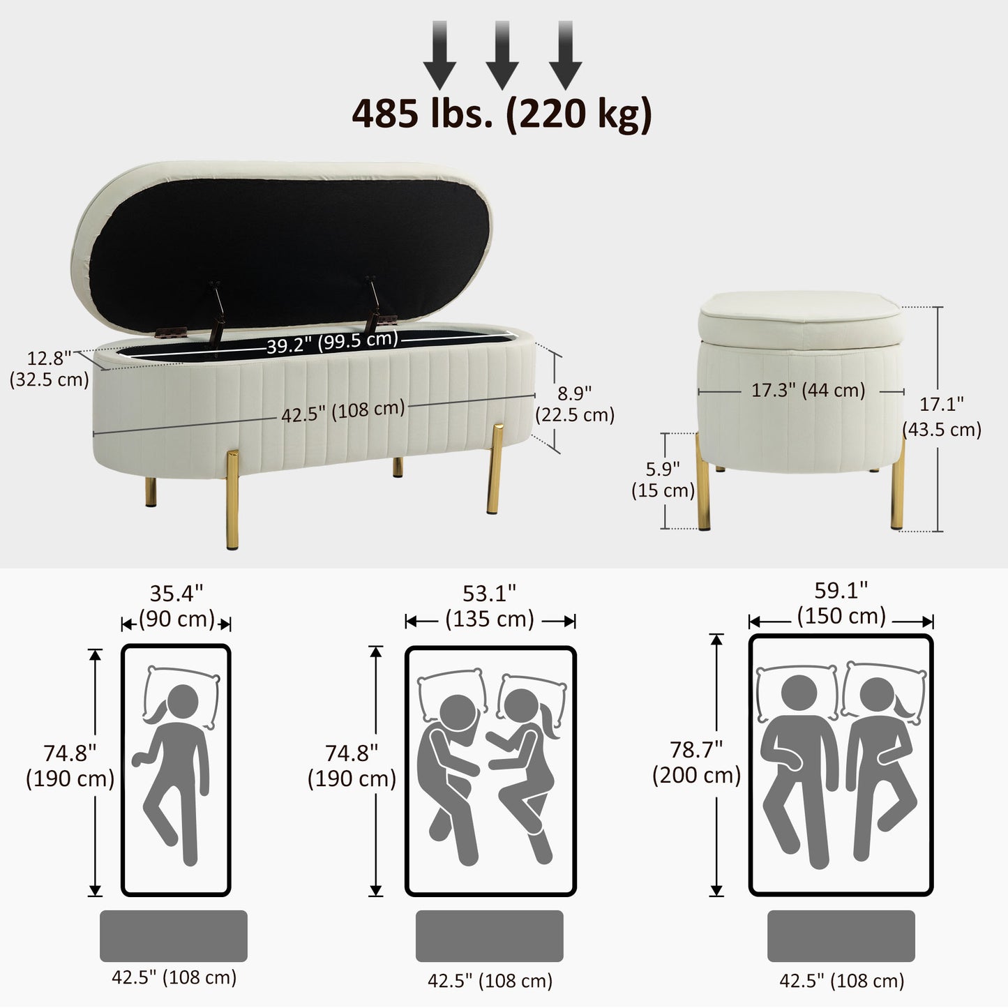 Upholstered Bedroom Bench, Channel Tufted Ottoman Bench with Thick Padding and Metal Legs, Cream White