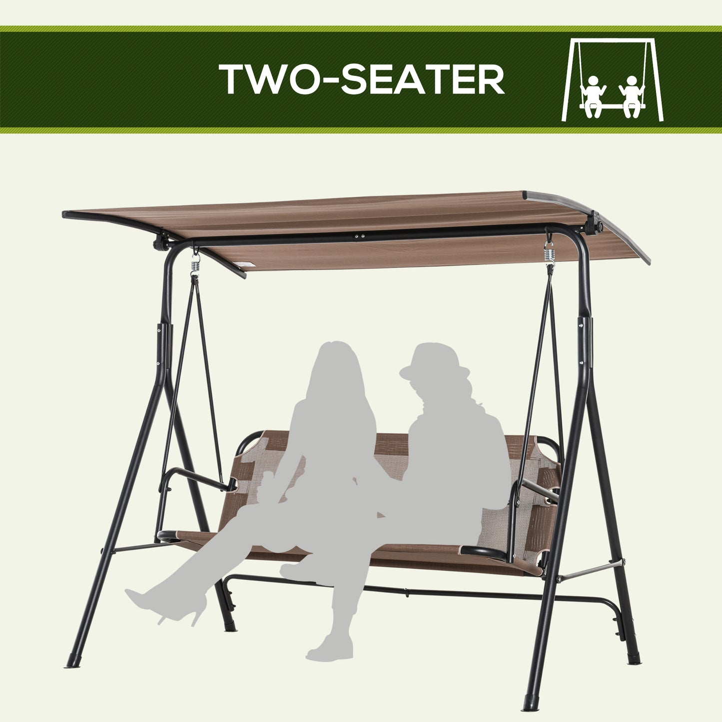 2-Person Porch Swing Chair, 2 Seater Patio Swing Bench w/ Adjustable Canopy, Breathable Seat for Garden, Poolside, Black