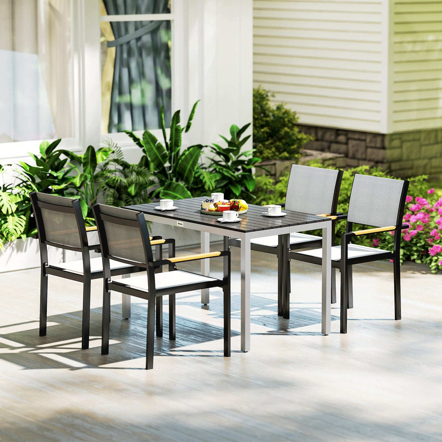 Outdoor Dining Table for 4-6 with Easy Maintenance Slatted Top, Rust-Resistant Aluminium Frame, Black