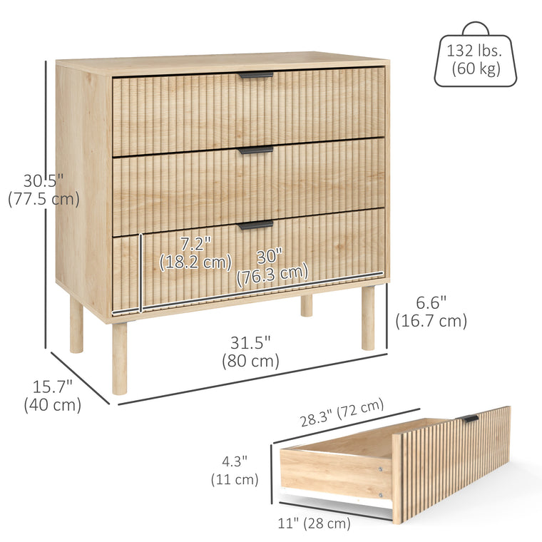 3-Drawer Fluted Dresser with Solid Wood Legs - Oak