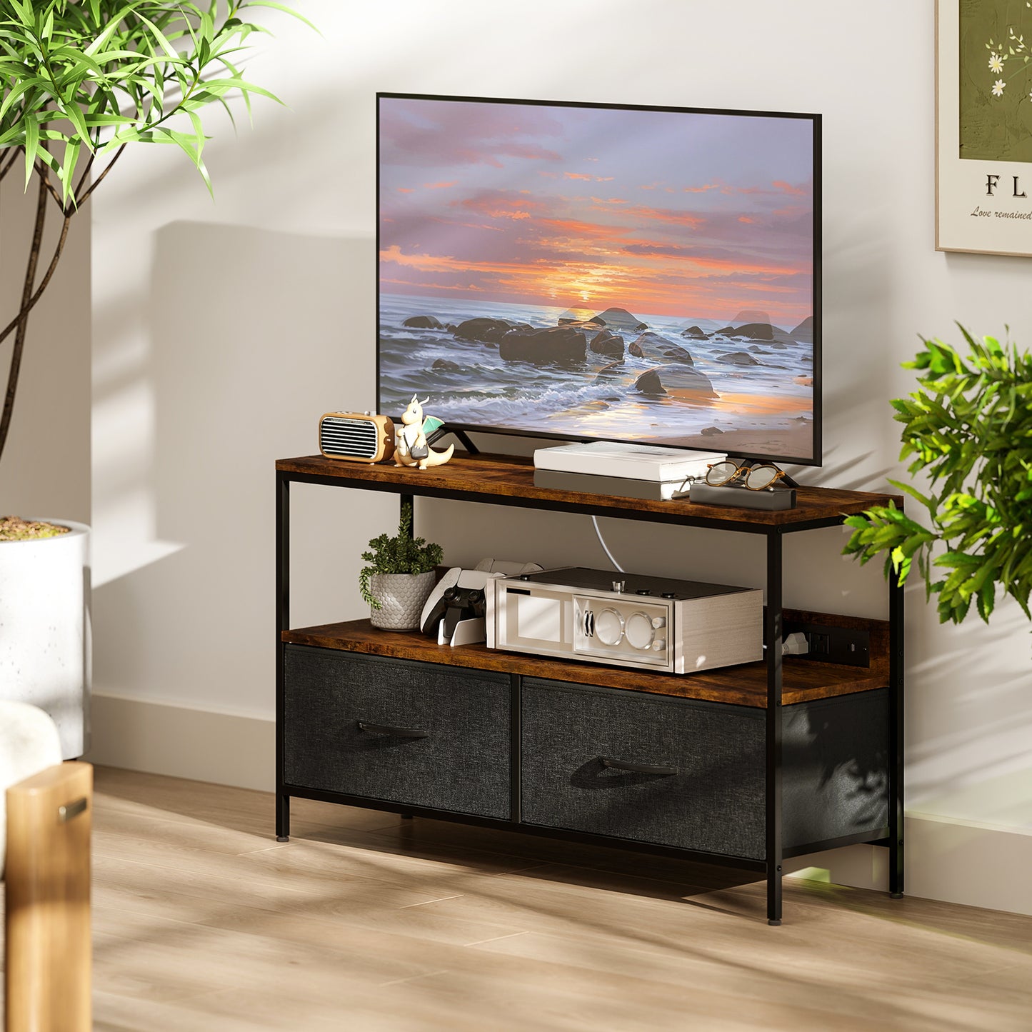TV Stand with Charging Station, TV Table with 2 Foldable Linen Drawers and Open Shelf for 47 Inch TV, Rustic Brown
