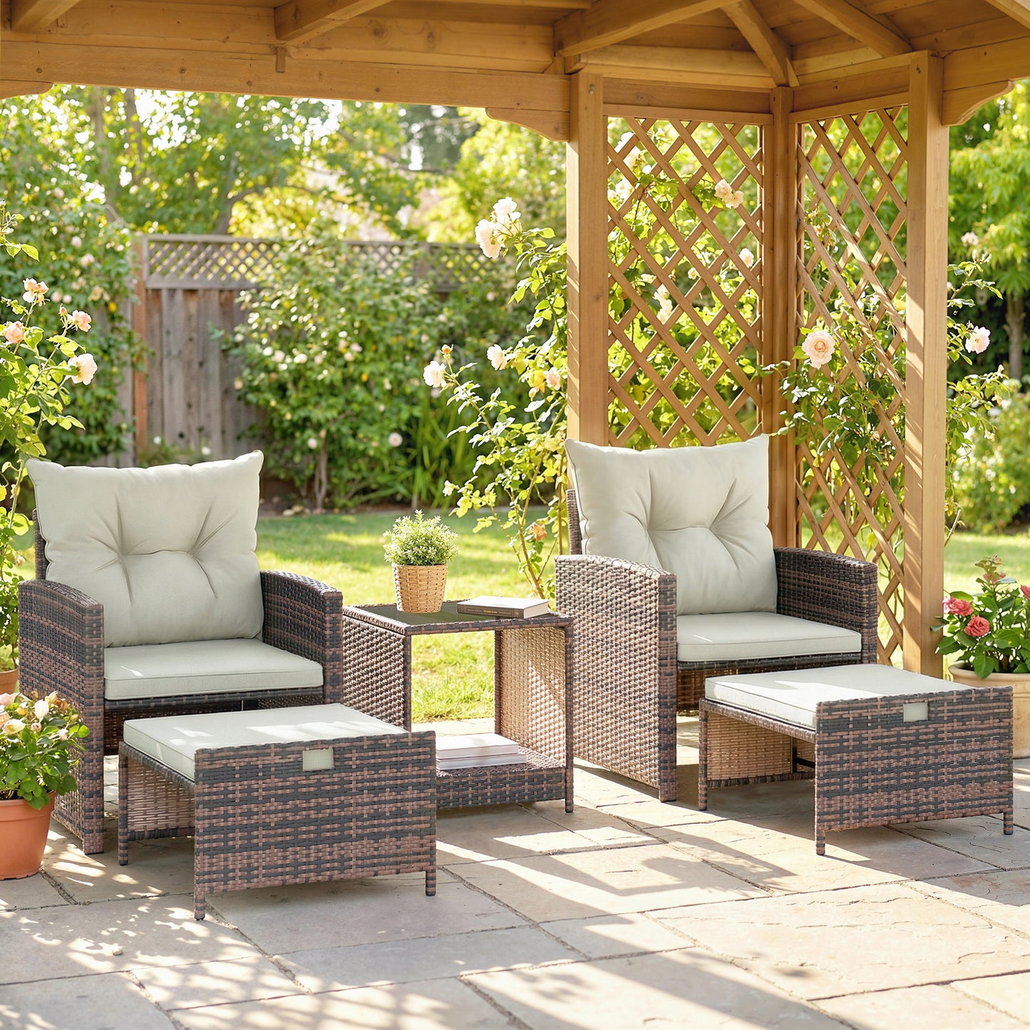 5 Piece Patio Furniture Set, Wicker Patio Chairs with Ottomans, 2-Tier Glass Coffee Table and Cushions, Brown/Dark Grey - Cream White