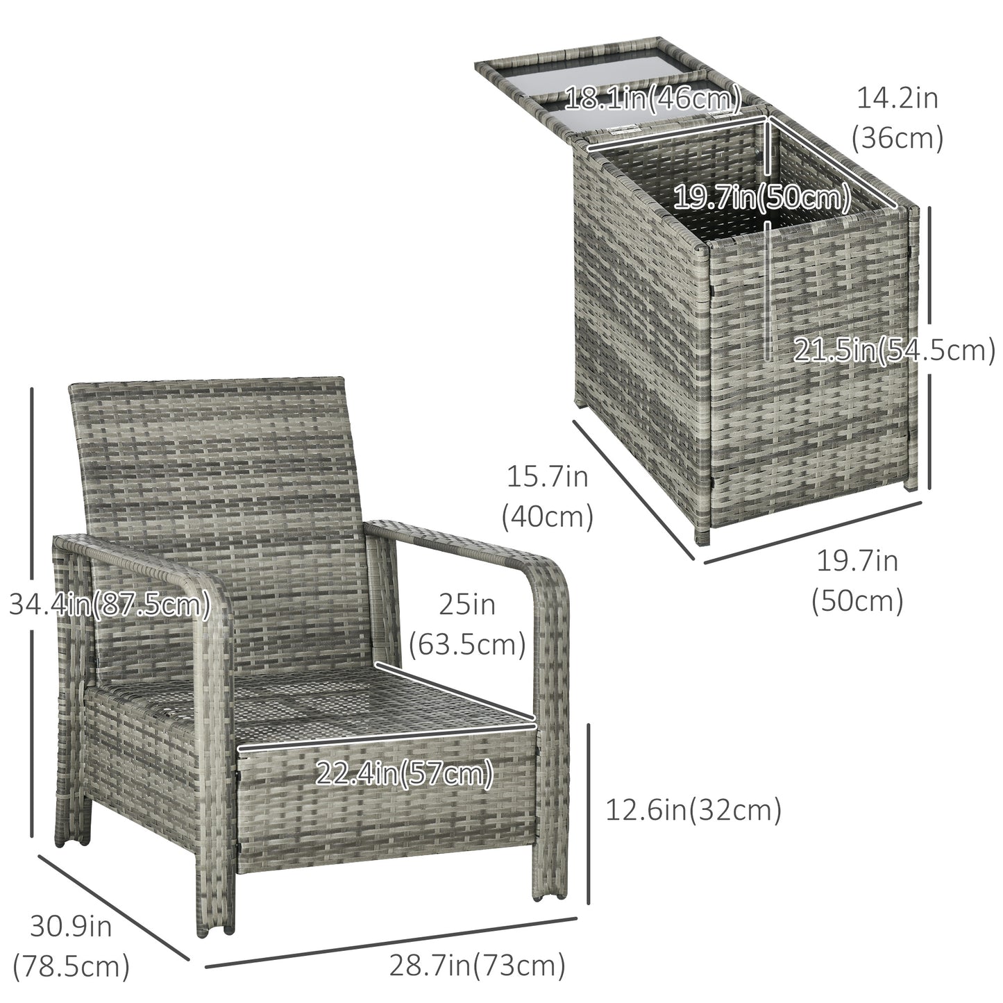 3 Pieces Wicker Patio Furniture Set, Rattan Bistro Set with Storage Coffee Table and Thickened Cushions, Outdoor Conversation Set for Garden, Porch, Balcony, Beige
