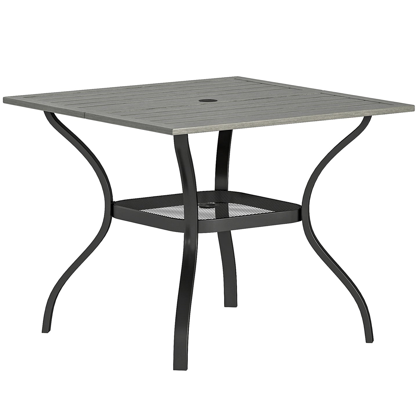 Outdoor Dining Table for 4, Square Patio Table with Umbrella Hole, Shelf, Slatted Faux Wood Steel Top, Grey