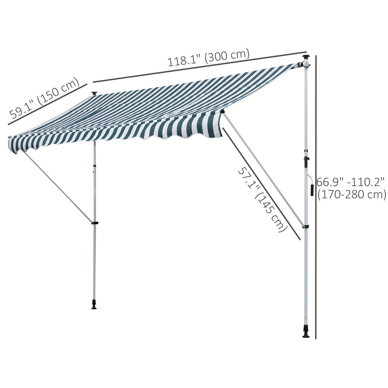 10' x 5' Green Manual Retractable Awning with Support Pole