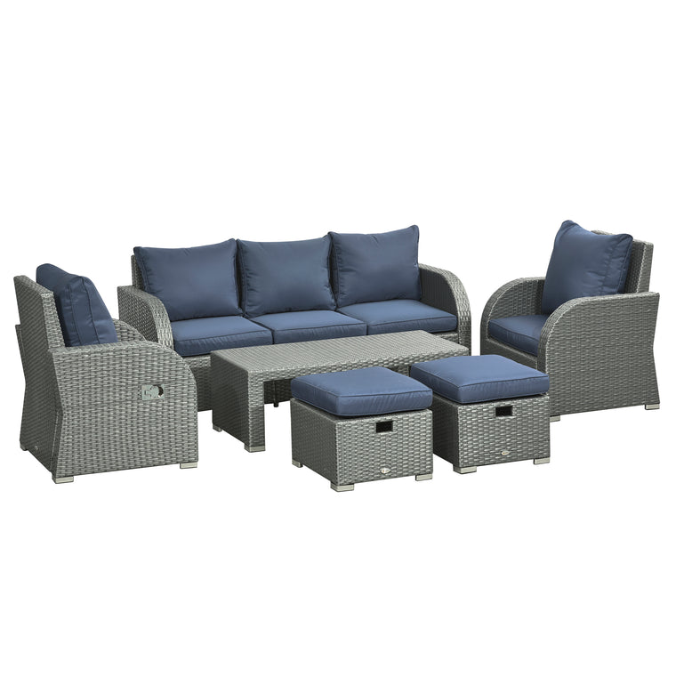 Dark Blue 6-Piece Wicker Sectional Set with Recliners