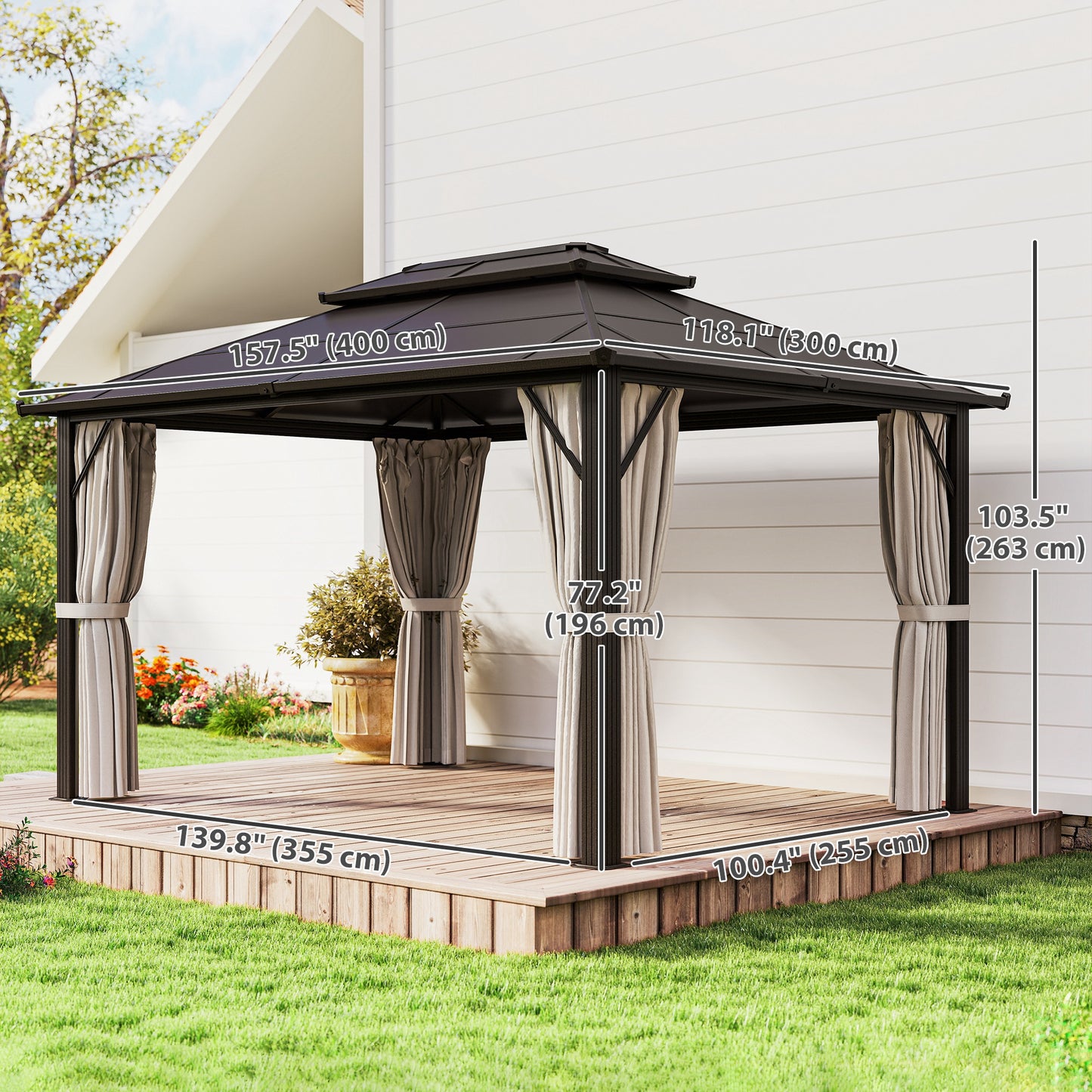 10' x 13' Hardtop Gazebo Canopy with UPF30+ Double Polycarbonate Roof, Aluminum Frame, Netting and Curtains, Beige