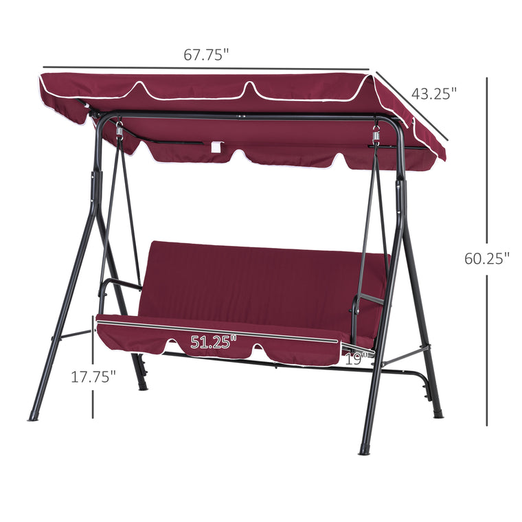 Wine Red 3-Seater Porch Swing with Adjustable Canopy