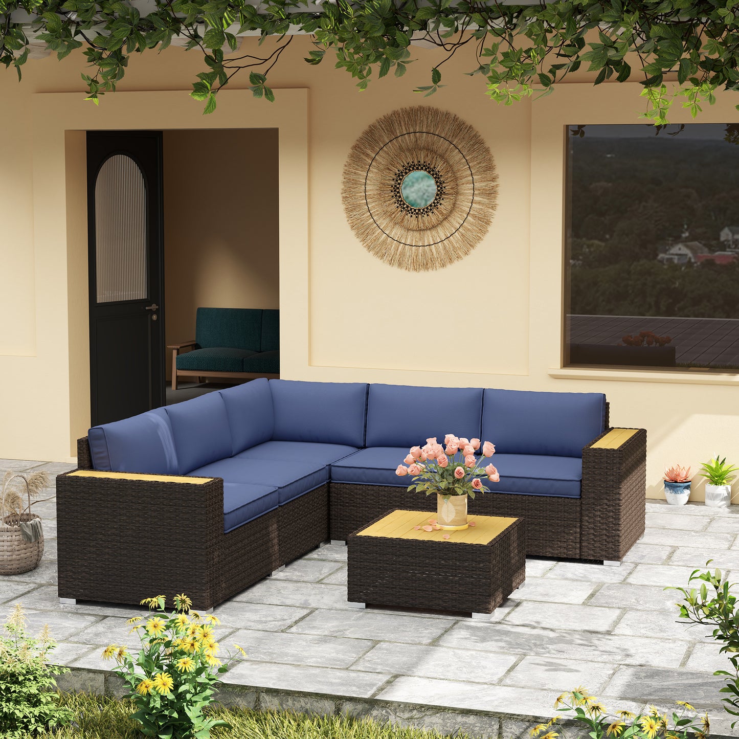 6 Pieces Outdoor Rattan Patio Furniture Set with Corner Sofa, Wood-Plastic Coffee Table, Navy Blue